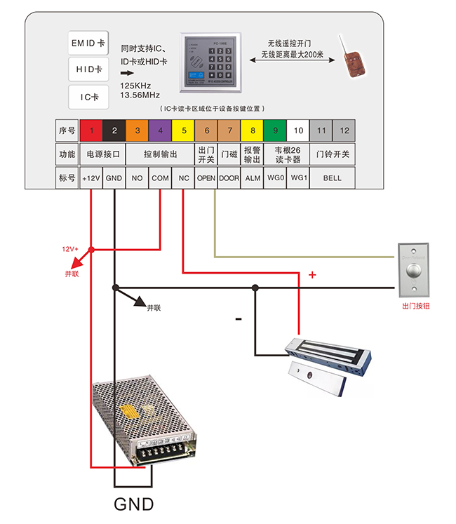 门禁一体机与电源电锁的接线