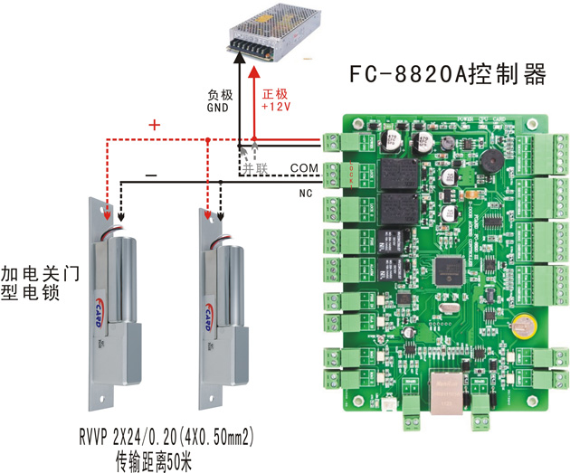 双门门禁控制器与电插锁连线